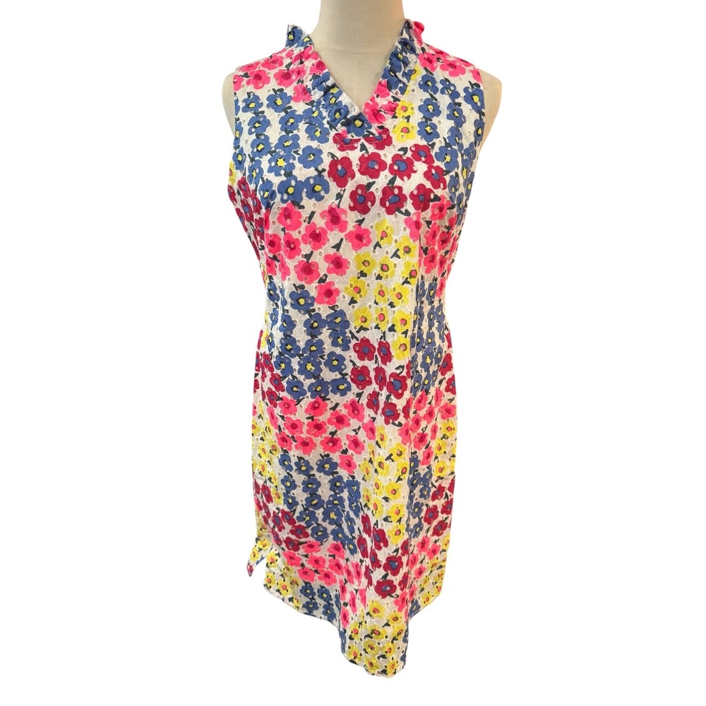 Talbots Petites Floral Eyelet Cotton Sheath Dress Pink Blue Yellow 8P sleeveless
